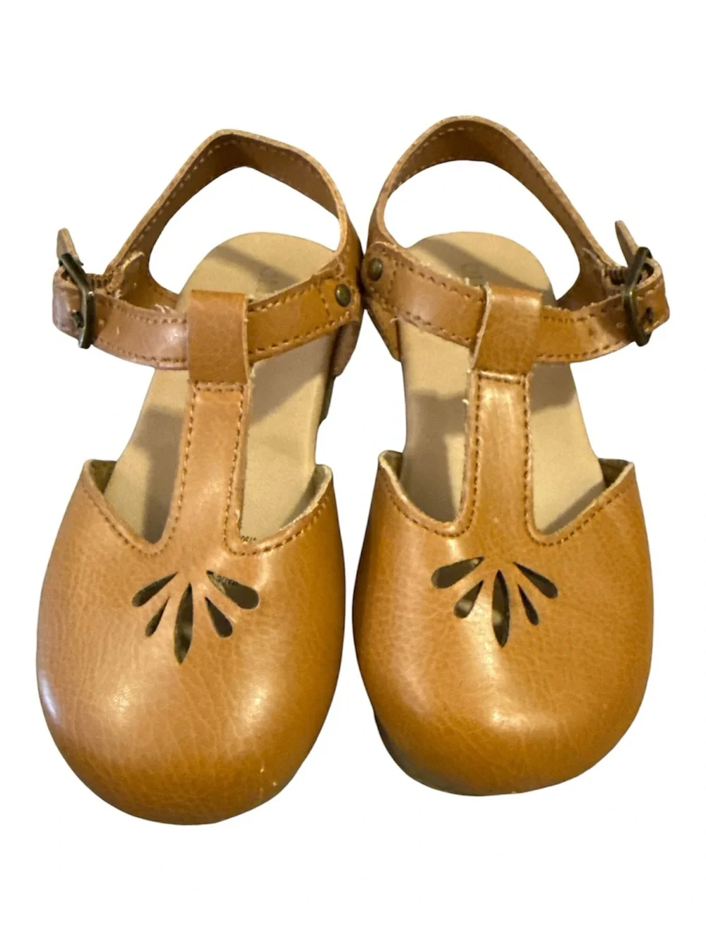 Kids Tan T-Strap Mary Jane Sandals -Tan Clogs With Floral Cut Out